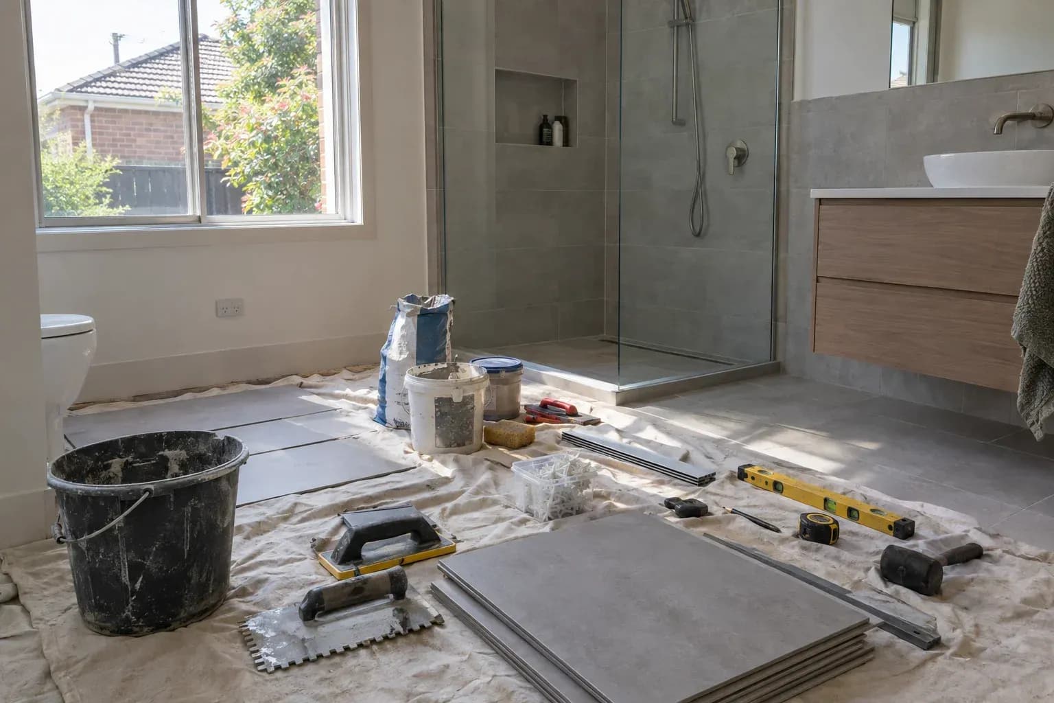 Tools and materials for shower re-tiles and leaking showers, large-format floor tiling, bathroom tiling work s