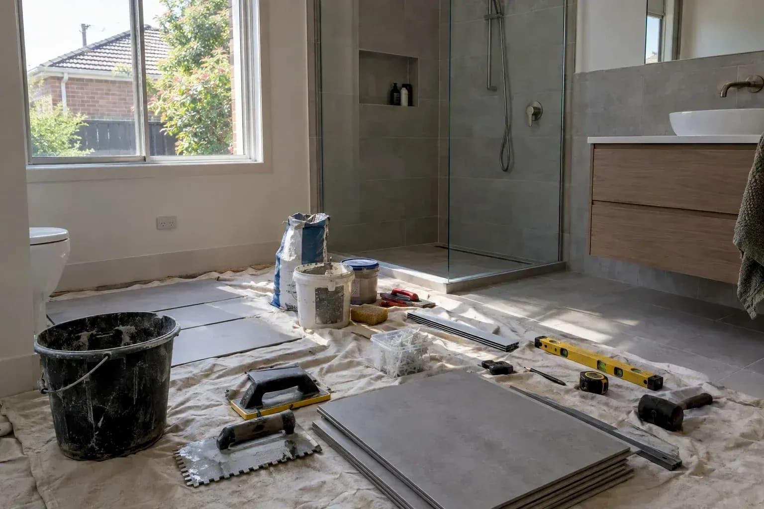 Tiling tools and materials on site