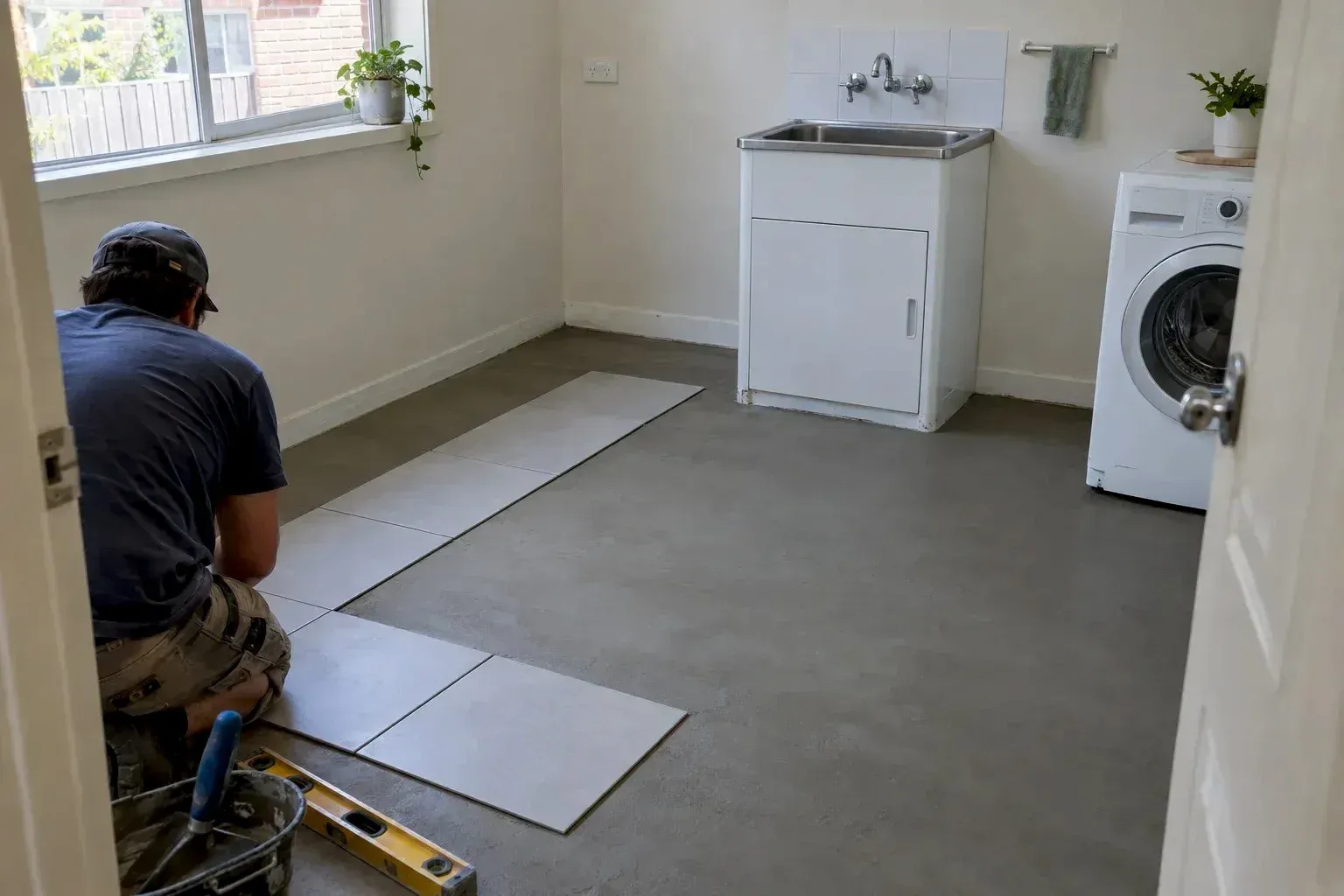 A tiled laundry floor