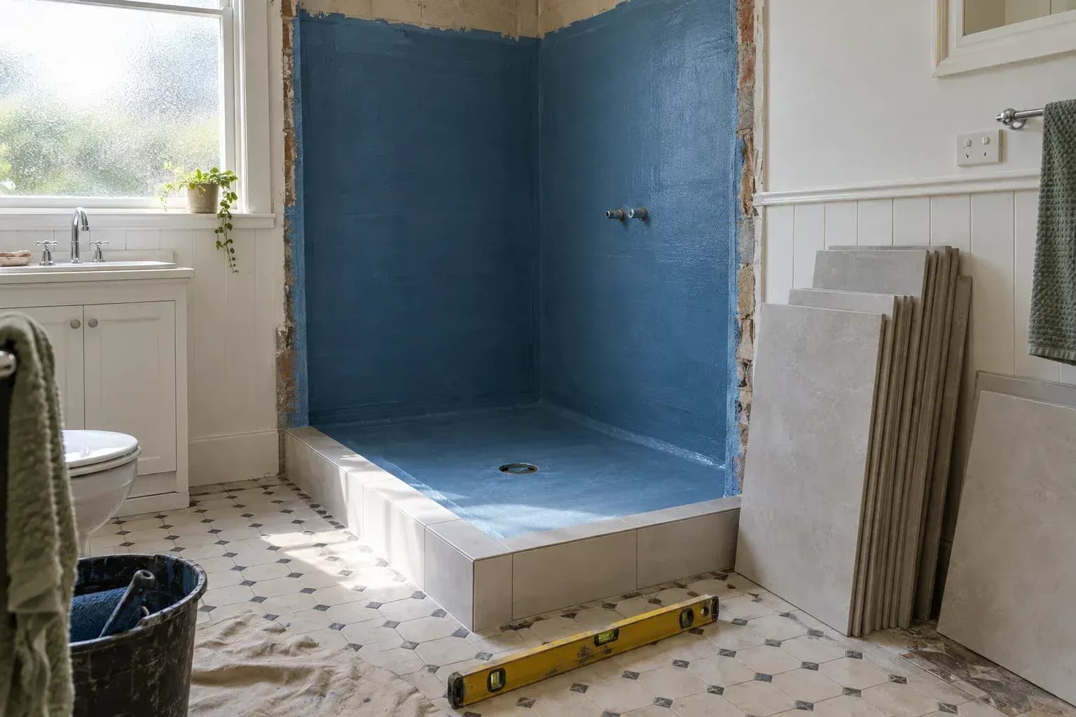 A stripped shower recess in an Edwardian-era bathroom mid-retile