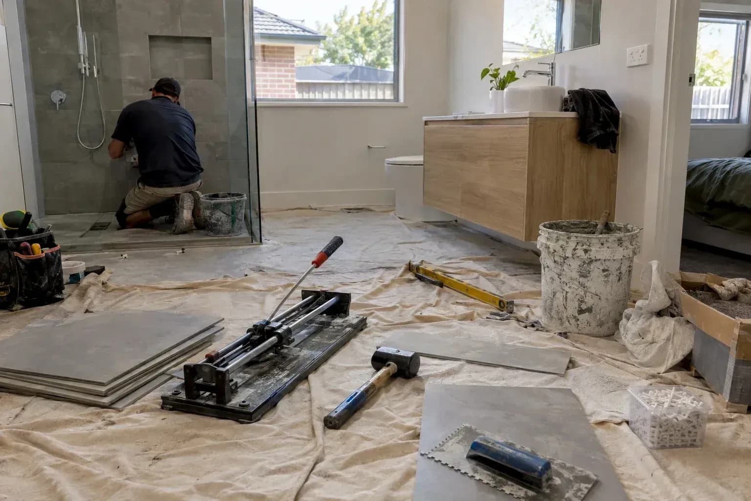 Tiles laid out on a drop sheet before setting
